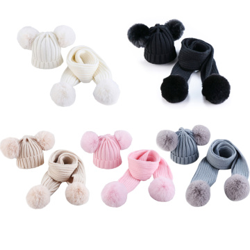 0-3Years Infant Baby Girls Boys Accessories Kids Ribbed Knitted Hats Scarf 2PCs Set Winter Warm Caps Solid Fuzzy Balls Beanies