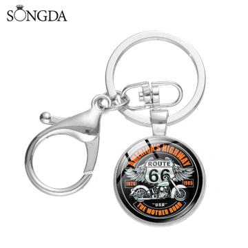 Vintage ROUTE 66 Keychain Motorcycle Car Key Chain Handmade Art Photo Glass Cabochon Key Ring Holder Men Jewelry Chaveiro