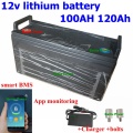 Waterproof 12V 100AH 120Ah lithium ion battery 12V BMS with bluetooth for solar system electric boat RV solar panel +10A Charger