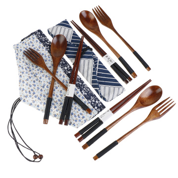 1 Set Tableware Wooden Cutlery Sets with Natural Spoon Fork Chopsticks Travel Gift Portable Dinnerware Suit with Cloth bag
