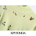 KPYTOMOA Women 2020 Fashion Floral Embroidery Cropped Knitted Sweater Vintage High Neck Long Sleeve Female Pullovers Chic Tops