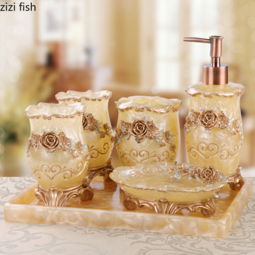 Retro Court Style Bathroom Accessories Lotion Bottle Toothbrush Holder Mouthwash Cup 5 Pcs/set Floral Texture Bath Supplies