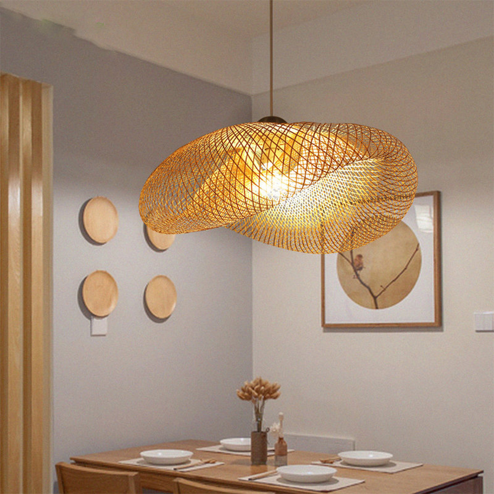 Bamboo Wicker Rattan Wave Shade Pendant Light Vintage Japanese Lamp Suspension Home Indoor Restaurant Dining Table Room Lighting