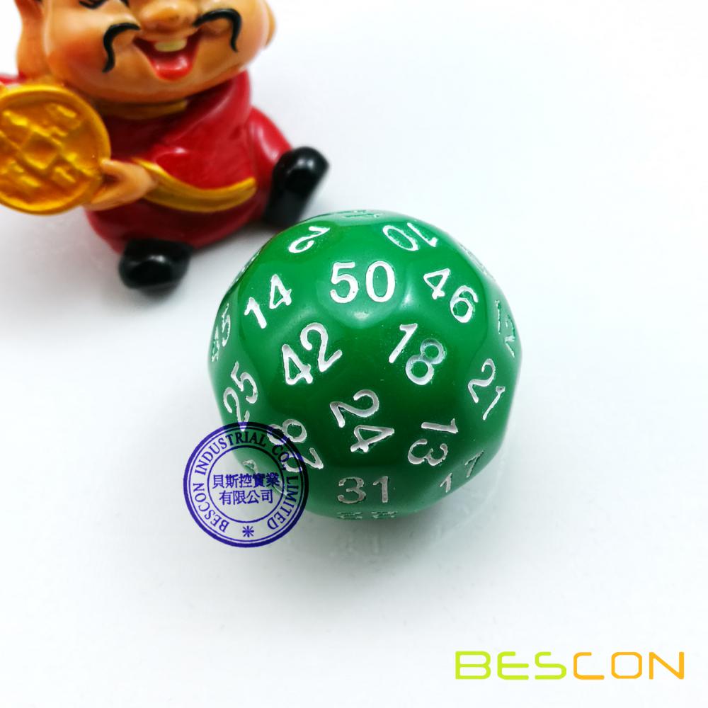 Bescon Polyhedral Dice 50-sided Gaming Dice, D50 die, D50 dice, 50 Sides Dice, 50 Sided Cube of Green Color