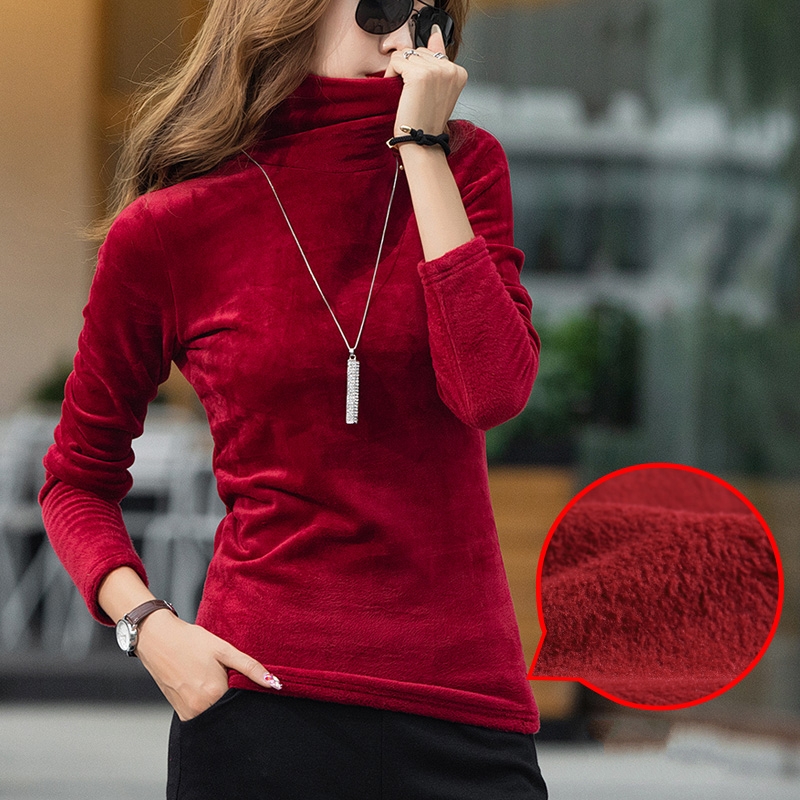 Turtleneck Velvet Fleece T shirt Women Solid Tops Stretchy Long Sleeve Plus Size S-4XL Spring Autumn T-shirt Bottoming T90394