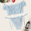 New Women's Lingerie Sexy Mesh Bra Set Off Shoulder Ruffle Underwear Suit Cute Dot Wireless Transparent Bralette Thong Intimates