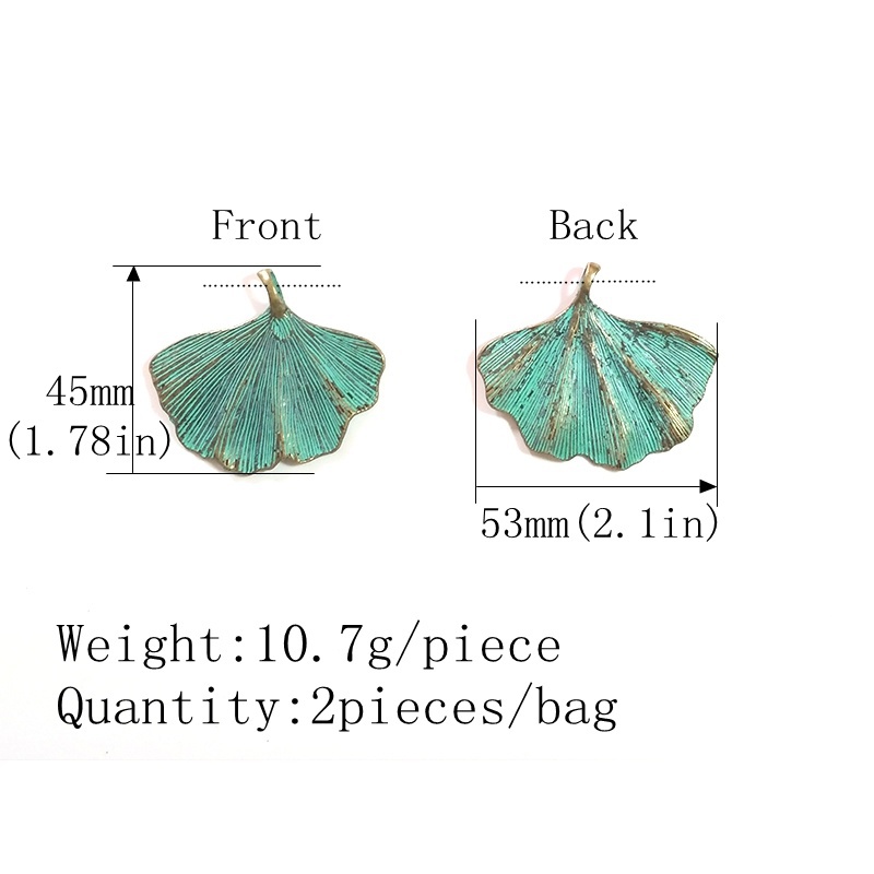 2pcs/bag 53*45MM Patina Plated Zinc Alloy Green Leaf Ginkgo Charms Pendants For DIY Accessories