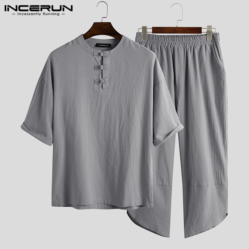 INCERUN Vintage Men Sets Cotton 2020 Streetwear 3/4 Sleeve Casual Shirt Calf Length Pants 2 Pieces Solid High Quality Men Suits