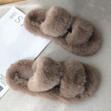 Winter House Women Fur Slippers Fashion Cross Band Warm Plush Ladies Fluffy Shoes Cozy Open Toe Indoor Fuzzy Slides For Girls