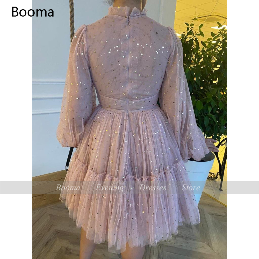 Booma Pink Starry Tulle Mini Prom Dresses High Neck Long Sleeves Above Knee Homecoming Dresses Pleated Tiered A-Line Prom Gowns