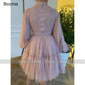 Booma Pink Starry Tulle Mini Prom Dresses High Neck Long Sleeves Above Knee Homecoming Dresses Pleated Tiered A-Line Prom Gowns