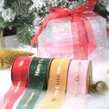 4.5-9 M/roll Organza Ribbon Snow Yarn Merry Christmas Printed Gift Wrapping Decoration Christmas Silk Golden Bronzing Ribbons