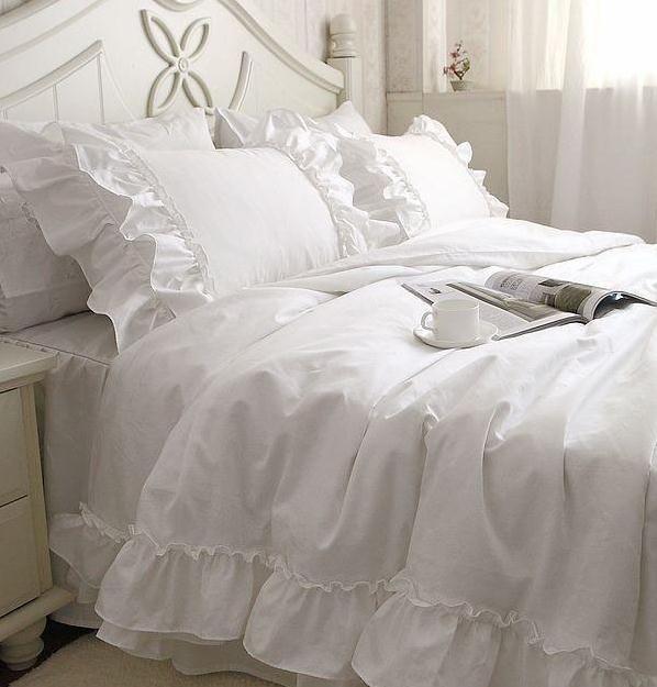Romantic white falbala ruffle lace bedding sets/princess duvet cover set,solid color comforter sets,twin full queen king