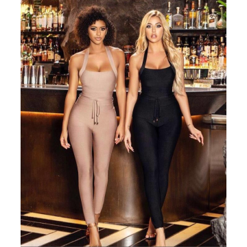 2020 Women Sexy Designer Halter Nude Black Bandage Jumpsuit Bodycon High Street Celebrity Skinny Party Jumpsuit Rompers