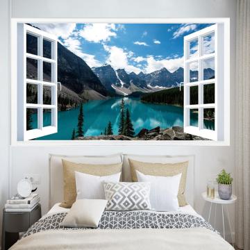 3D Simulation Fake Window Wallpaper Lake Landscape Mountain Clouds Wall Stickers Home Decor Bedroom Living Room PVC Art Mural