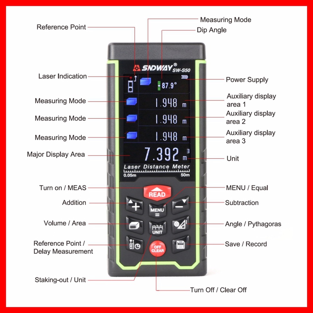 SNDWAY Original Color Screen Laser Distance Meter Range Finder Rangefinder SW-S50m 70m 100 Tape Trena Ruler Angle Bulid Tool