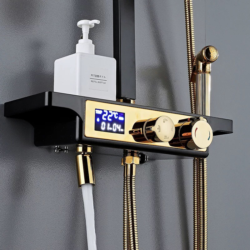 Luxury black and gold bathroom shower set rainfall gold black bath shower faucet digital shower thermostatic constant shower