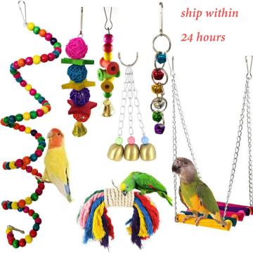 7pcs Parrot Toys Bird Swing Blocks Cotton Rope Canary Chewing Toys Hanging Bridge String with Colorful Sewing Bells