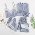 Women 5PCS Sleepwear Sexy Robe Kimono Gown Spring Summer Nightwear Casual Bathrobe Silky Satin Sleep Set Home Clothes Negligee