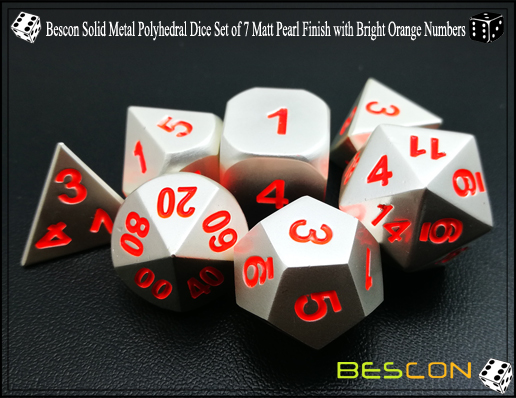 Bescon Solid Metal Polyhedral Dice Set of 7 Matt Pearl Finish with Bright Orange Numbers-4