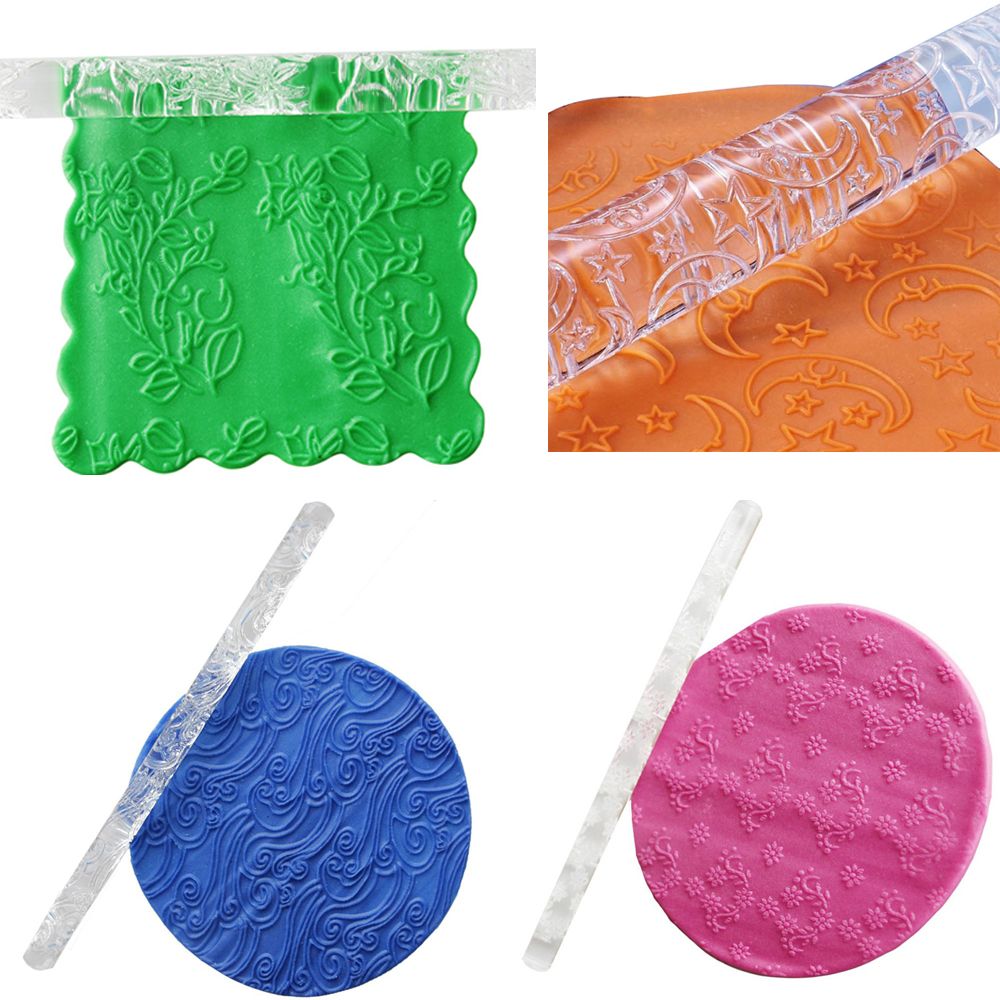 1PC Acrylic Rolling Pin Designed Fondant Cake Impression Rolling Pin Pastry Roller Embossing Baking Tools Fondant Tools