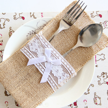 10/50/100 pcs Burlap Lace Cutlery Pouch Holder Bag Hessian Rustic Jute Tableware Party Supplies Wedding Decoration