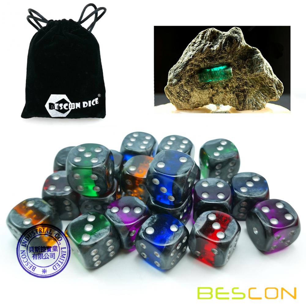 Bescon Mineral Rocks GEM VINES 6 Sides 16MM Dice Set 20 Pack, 5/8" D6 Mineral Rock Dice Set in Assorted Colors