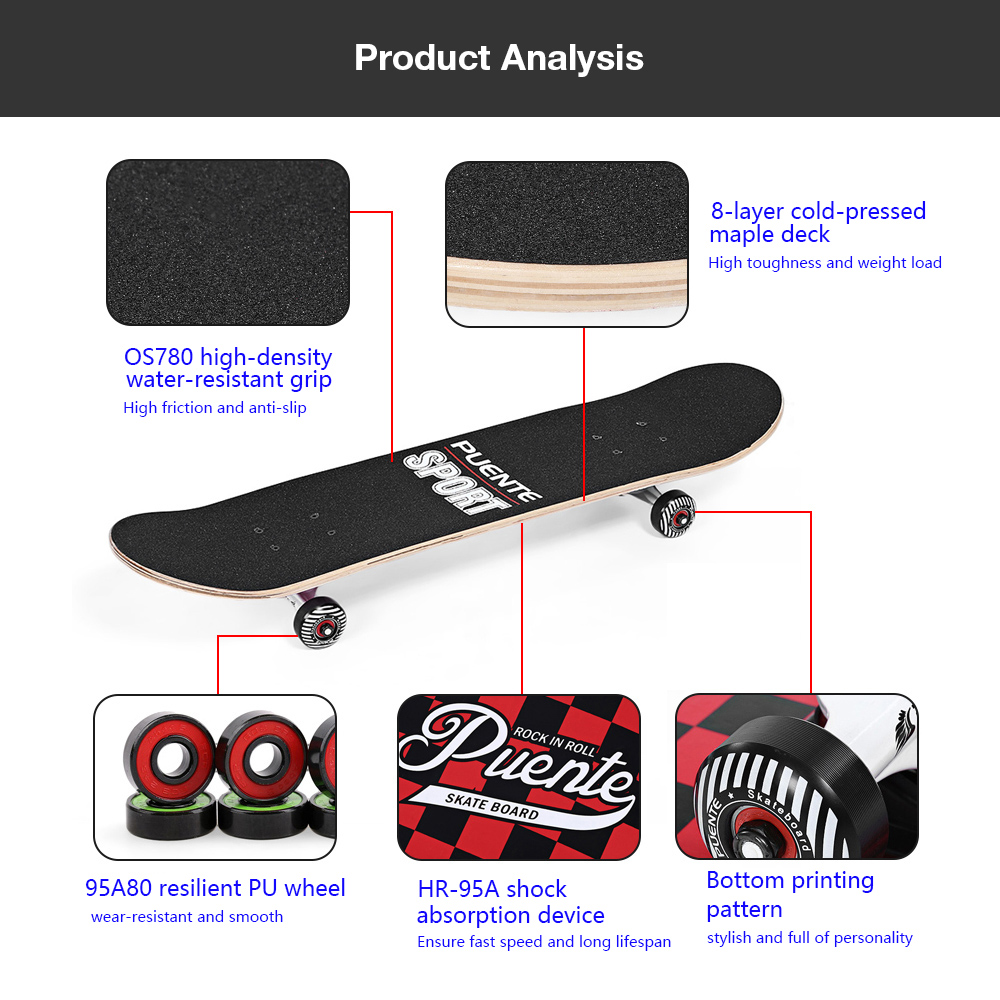 PUENTE Adult Four-Wheel ABEC - 9 Double Snubby Maple Skateboard Thermal Transfer Printing Pattern Skate Board Maple Long Board