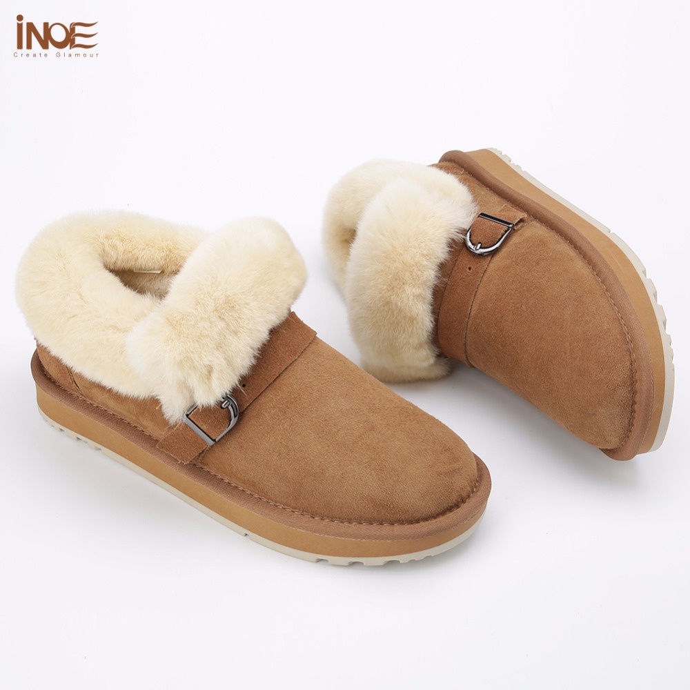 INOE Sheepskin Suede Leather Wool Fur Lined Women Short Ankle Winter Boots for woman Snow Boots Warm Shoes Flats Non-slip Sole