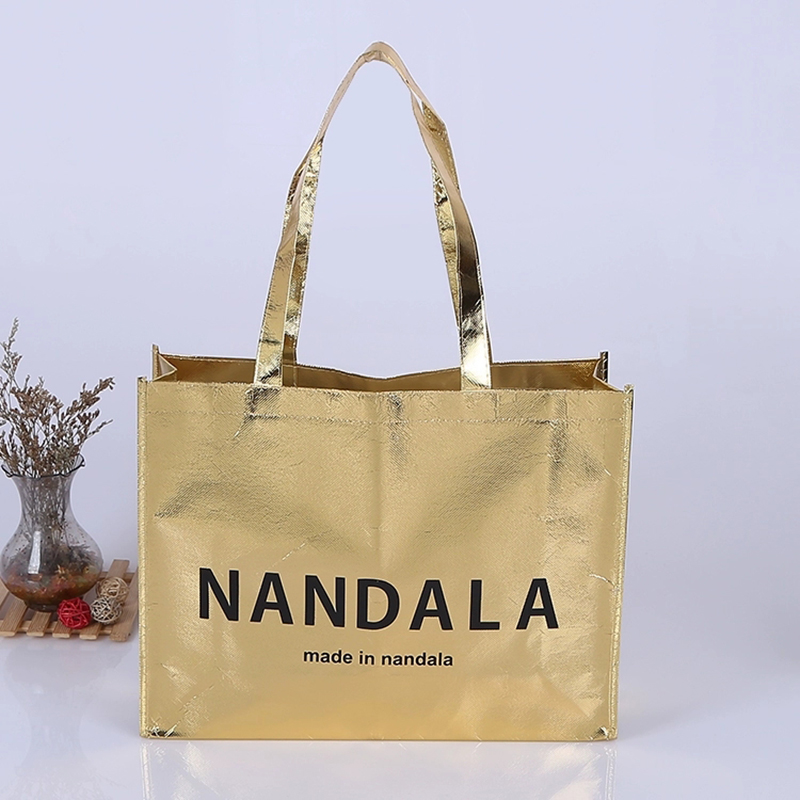 Wholesale 500pcs/Lot Custom Logo Metallic Shopping Cloth Bags Gold Lamination Tote Bags for Promotion Reusable Non Woven Printed