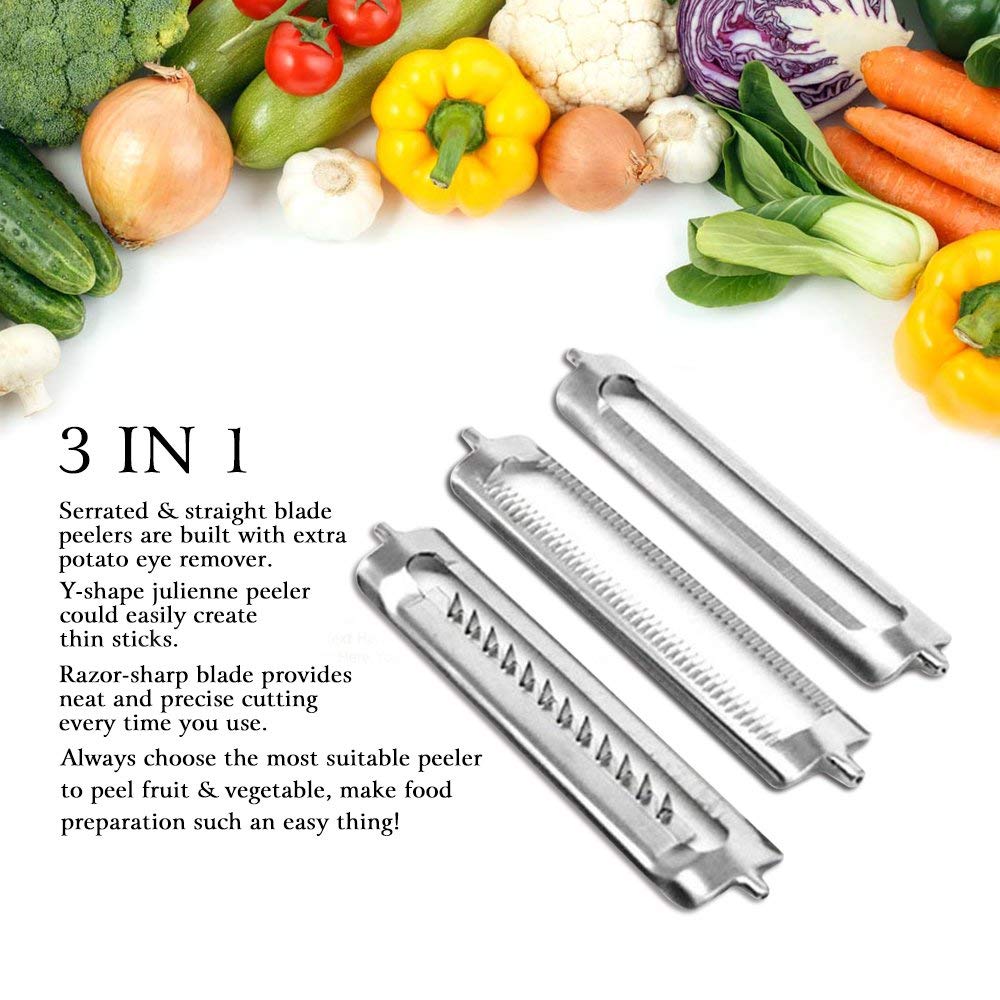 Vegetable Peelers for Kitchen, Potato, Carrot, Apple, Citrus, 3 piece Set - Stainless Steel Swivel, Serrated, Julienne Blade
