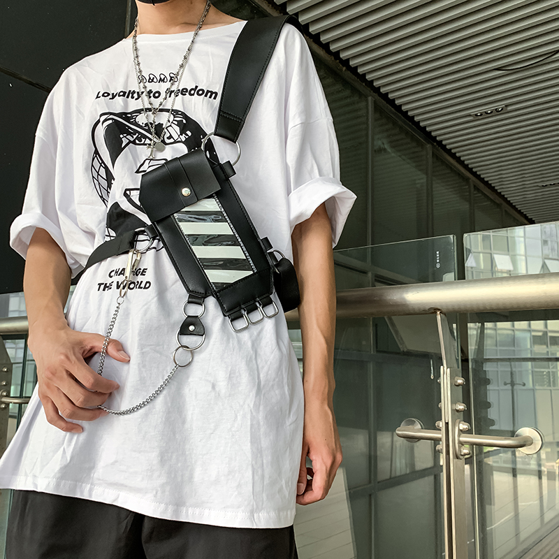 Hip Hop Streetwear Bag Men Gird Lattice Chest Bags Adjustable Pockets 2020 Fashion Stripe PU Unisex Waist Bag
