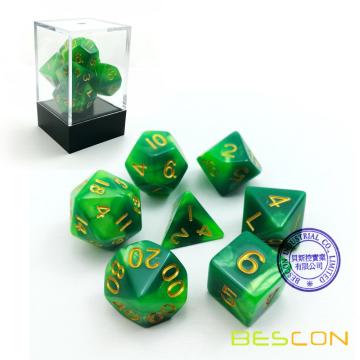 Gemini Two Tone Swirled Green RPG Dice Set of 7 in Brick Box Package, Complete Polyhedral Dice Set of d4 d6 d8 d10 d12 d20 d%