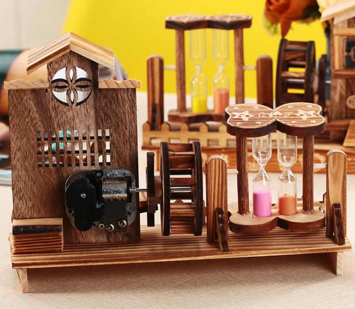 Fine Waterwheel Classical Rotary Bear Dancer Hourglass Music Box Creative Artware Gift Wooden Crafts Home Decor