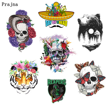 Prajna Skull Iron On Transfers Punk Tiger Heat Transfers PVC Patches For Clothes Summer Style Thermal Transfer Hot Vinyl Sticker