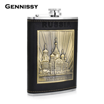 GENNISSY Saint-Petersburg Pattern Printed Whiskey Flask Black Leather Packed 9 oz Stainless Steel Hip Flask Portable Drink Flask