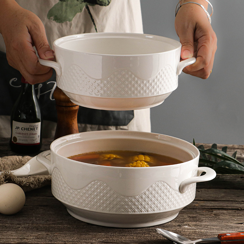 Creative Nordic Ceramic Handle Salad Fruit Soup Bowl With Lid Anti-scalding Noodle Rice Food Pot Dessert Breakfast Oat LA208