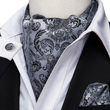 Hi-Tie Luxury Adult Ascot Cravat Tie For Men Silk Grey Paisley Ascot Tie handkerchief Cufflinks Set Cravat Scarf Casual Ties