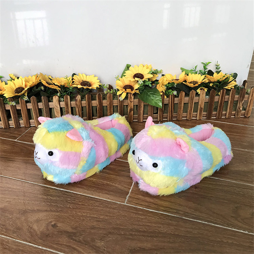 LIN KING New Cartoon Grass Mud Horse Women Winter Furry Slippers Colorful Striped Home Slippers Warm Non Slip House Floor Shoes