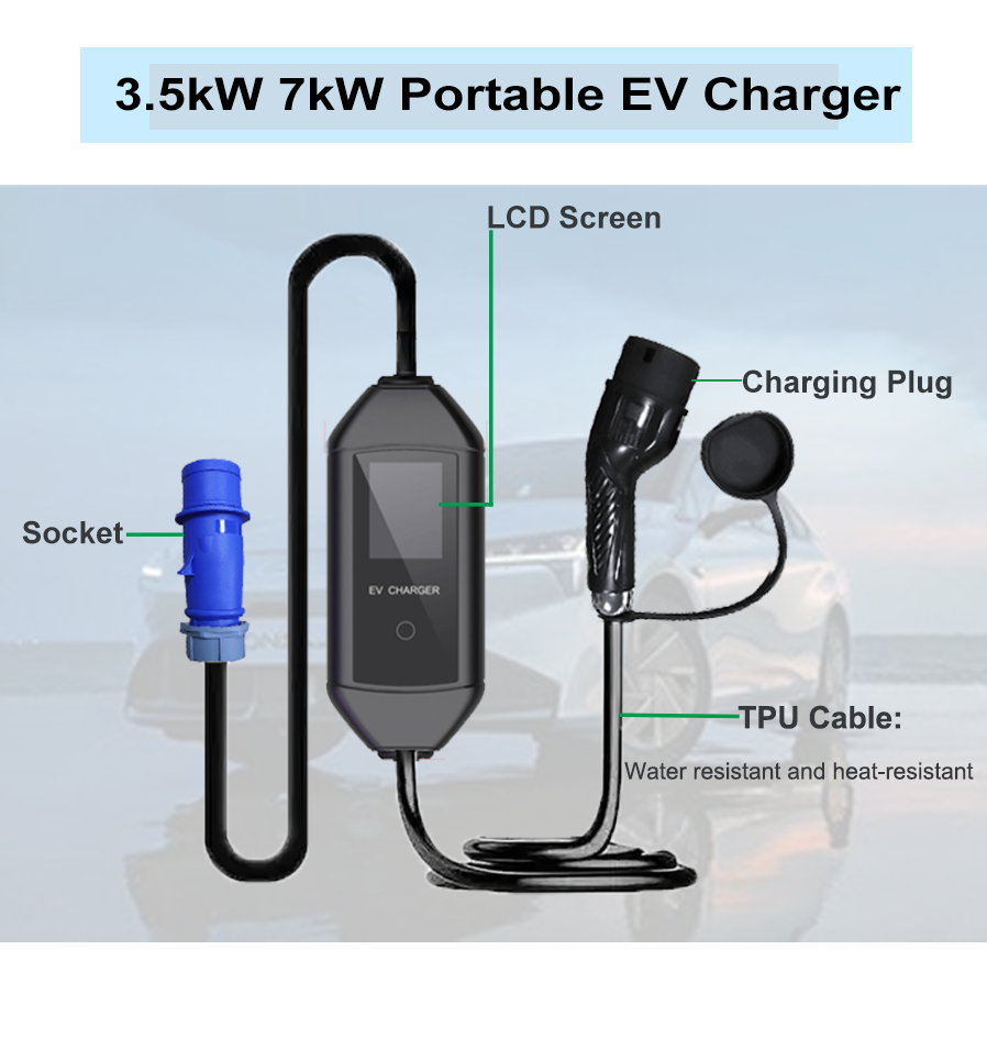 3.5kW 7kW Portable Single Phase AC car charger