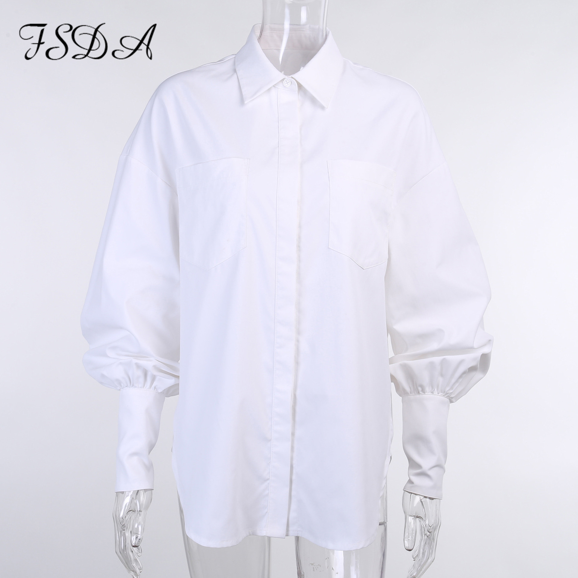 FSDA V Neck 2020 White Blouse Shirts Long Puff Sleeve Loose Black Office Autumn Sexy Elegant Vintage Oversized Shirts Top Ladies