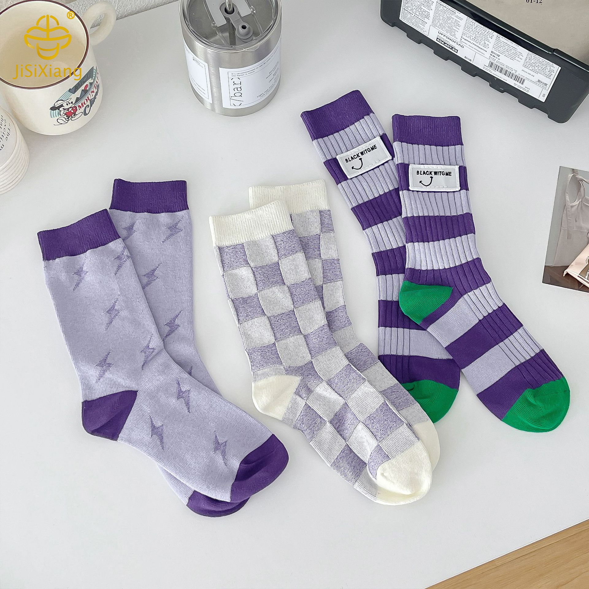 Korean checkered fabric logo with college style sock
