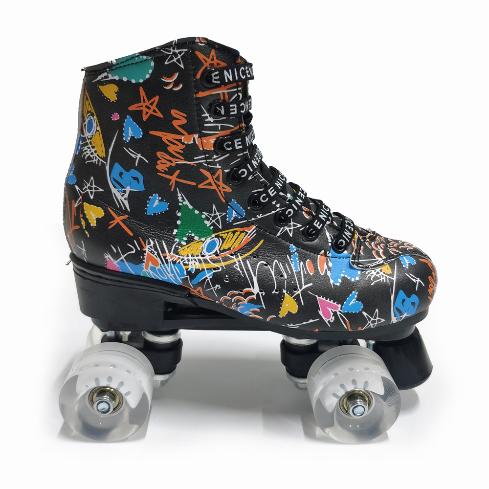 Graffiti Microfiber Roller Skates Double Line Skates Women Men Adult Two Line Skating Shoes with White PU 4 Wheels Training