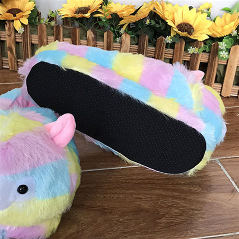 LIN KING New Cartoon Grass Mud Horse Women Winter Furry Slippers Colorful Striped Home Slippers Warm Non Slip House Floor Shoes