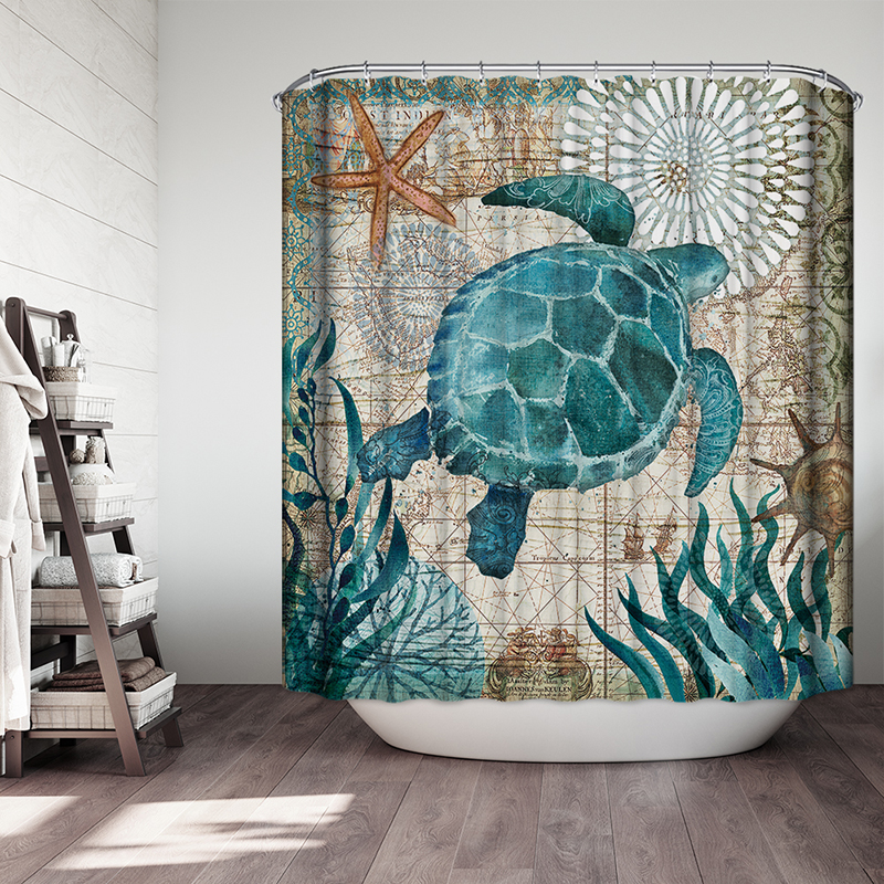 Rantion Bathroom 3D Pattern Wall Paper Shower Curtain Sea Turtle Cat Elephant Dolphin Waterproof Bath Curtain Sets with 12 Hooks