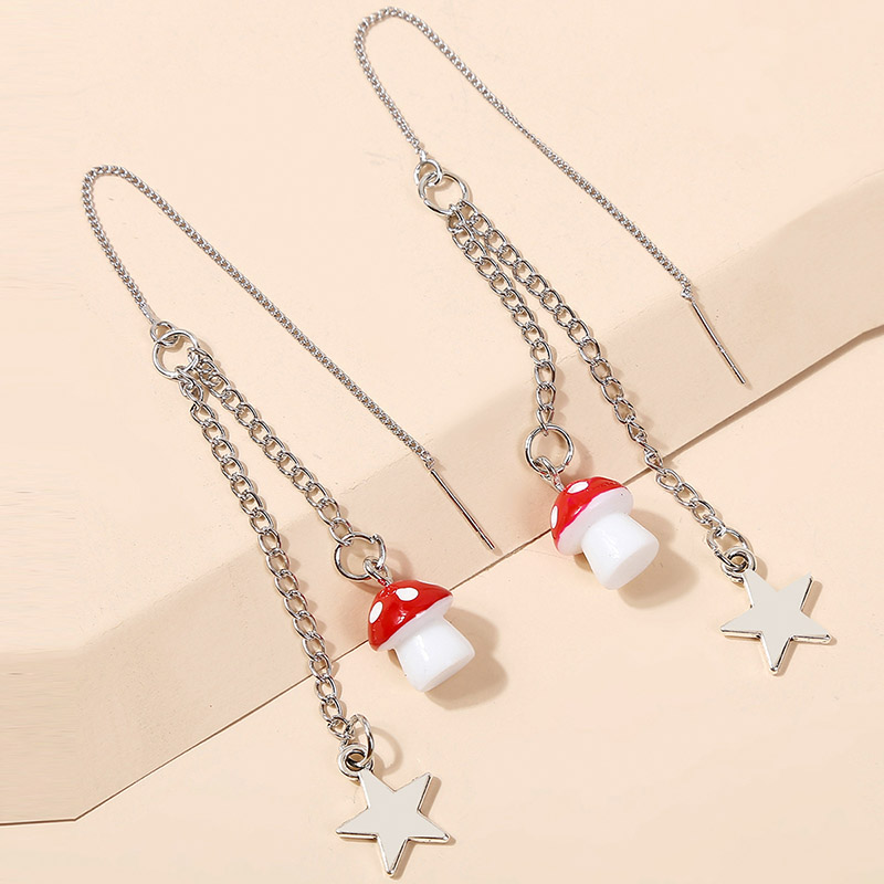 Fashion Simple Silver Color Metal Chain Star Pendant Dangle Earrings For Women Cute Red White Mushroom Drop Earring Jewelry
