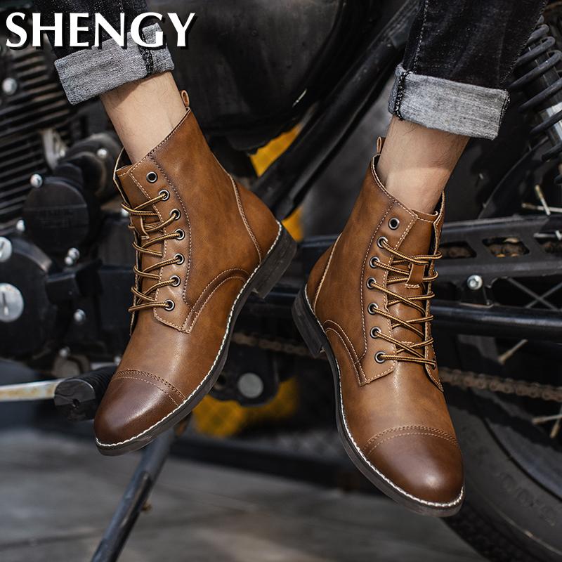 2020 Winter Men's Boots Waterproof Leather Work Boots Warm Plush Snow Boots Outdoor Men's Motorcycle Boots Men Ankle Boots