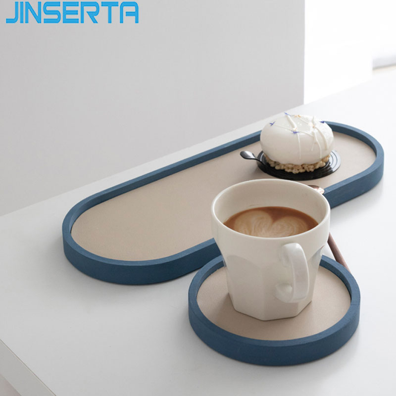 JINSERTA Wooden Storage Tray Jewelry Display Plate Cosmetic Organizer Oval PU Leather Tea Coffee Tray Anti-scalding Coaster