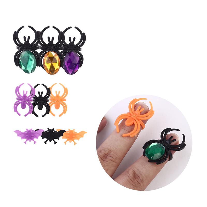 60 Pcs Plastic Finger Ring Halloween DIY Decorations Bat Spider Patterned Ring Decorations Halloween Party Props Mix