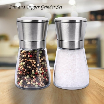 2pcs Stainless Steel Pepper & Salt Grinders Muller Adjustable Ceramic Manual Herb Mills Spice Seasoning Choppers Glass Body